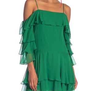 Alice+Olivia Lexis silk tier ruffle cold shoulder